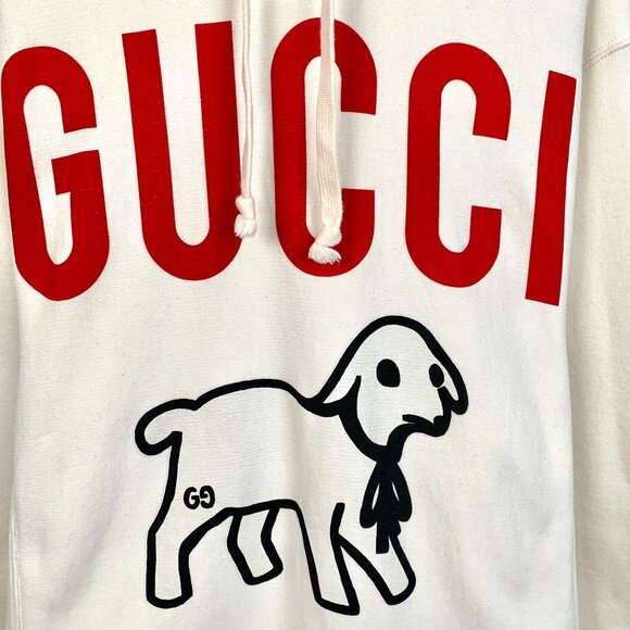 Gucci Unisex Ivory Hoodie With Red Logo & Lamb Graphic - Picture 4 of 8